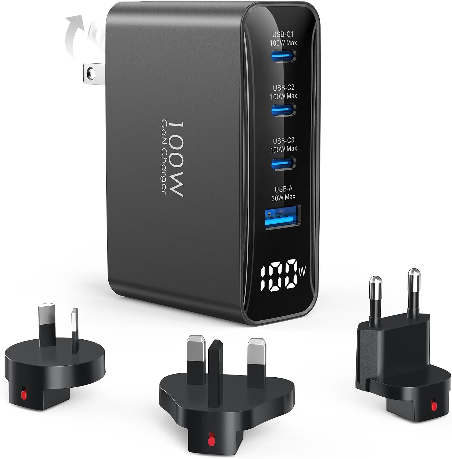 Detalle de 100W USB-C Travel Adapter mit 4 Ports – GaN-Ladegerät für Reisen (UK/EU/AU-Steckdosen)