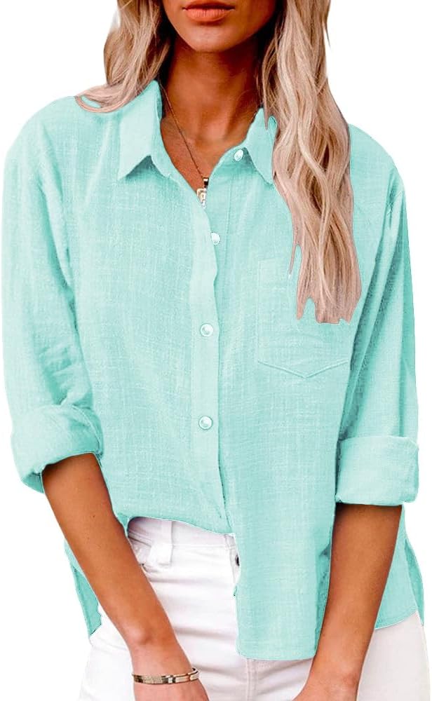 Thumbnail 6 de Friptspyg Damen Bluse – Lässige Langarm-Hemdbluse aus 100% Baumwolle, V-Ausschnitt, Tasche, Weiß