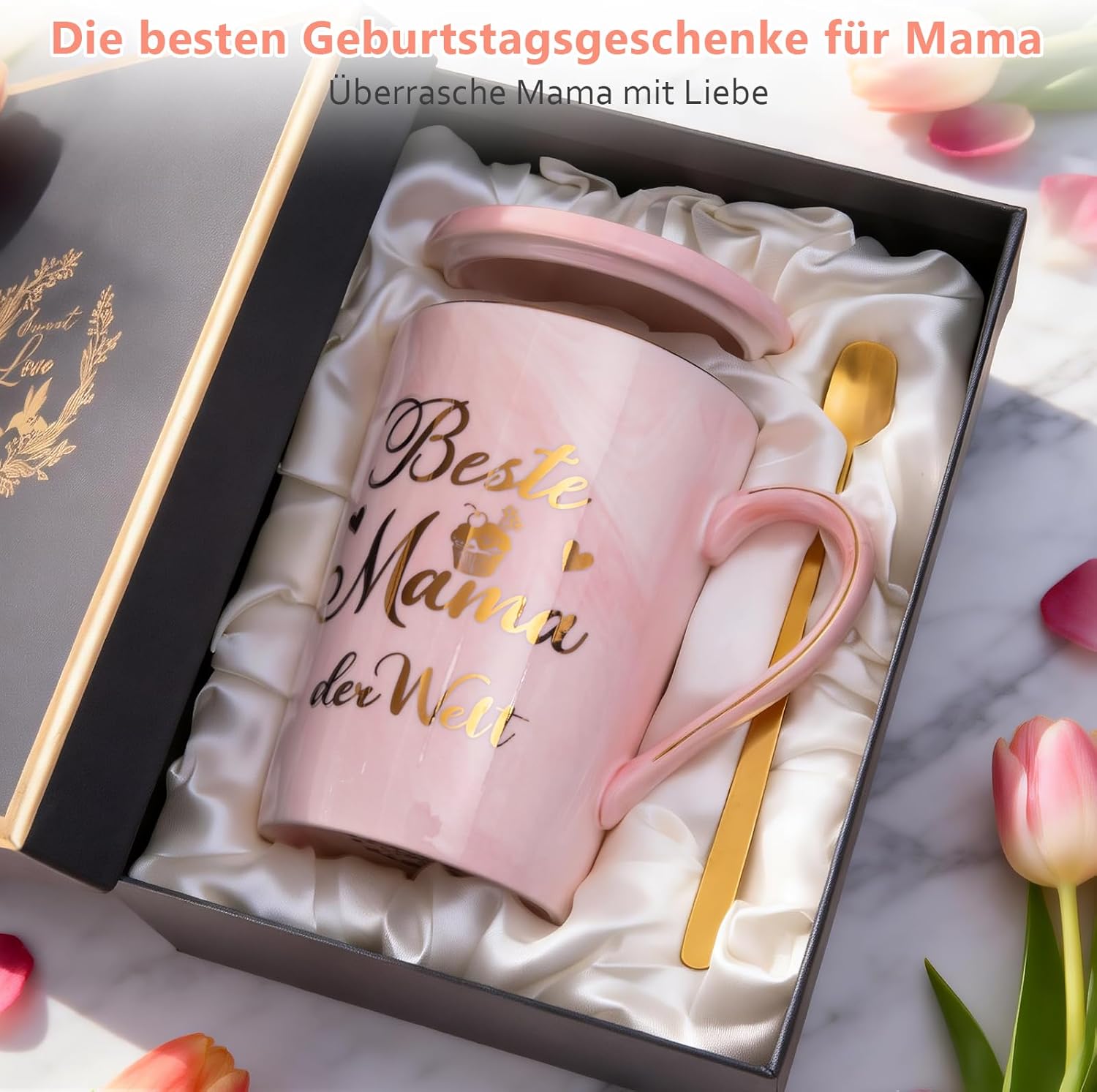 Thumbnail 6 de Muttertagsgeschenk „Beste Mama der Welt“ – Muttertagsgeschenk Tasse in Rosa Marmoroptik mit Goldaufdruck, 400 ml (mit Deckel, Löffel & Grußkarte, Geschenkbox)