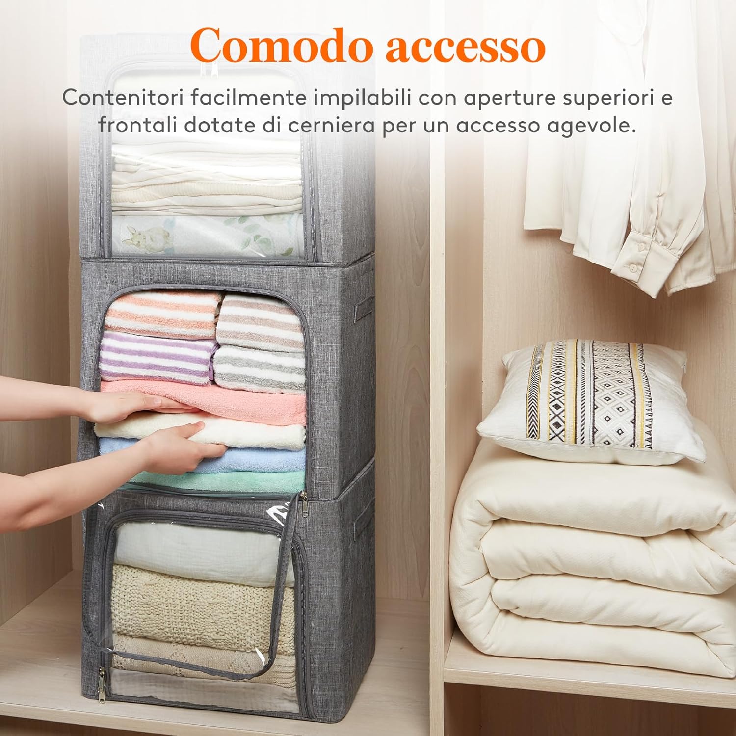 Thumbnail 4 de Lifewit set da 3 scatole rigide per armadio con cerniera, struttura in metallo pieghevole e capacità 40L (grigio)
