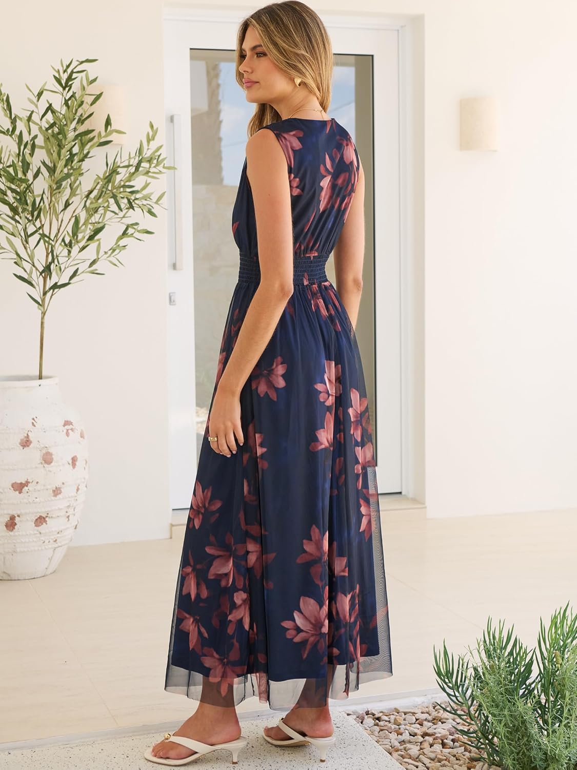 Detalle de ANRABESS Women’s Floral Summer Maxi Dress (V-Neck, Sleeveless, A-Line)