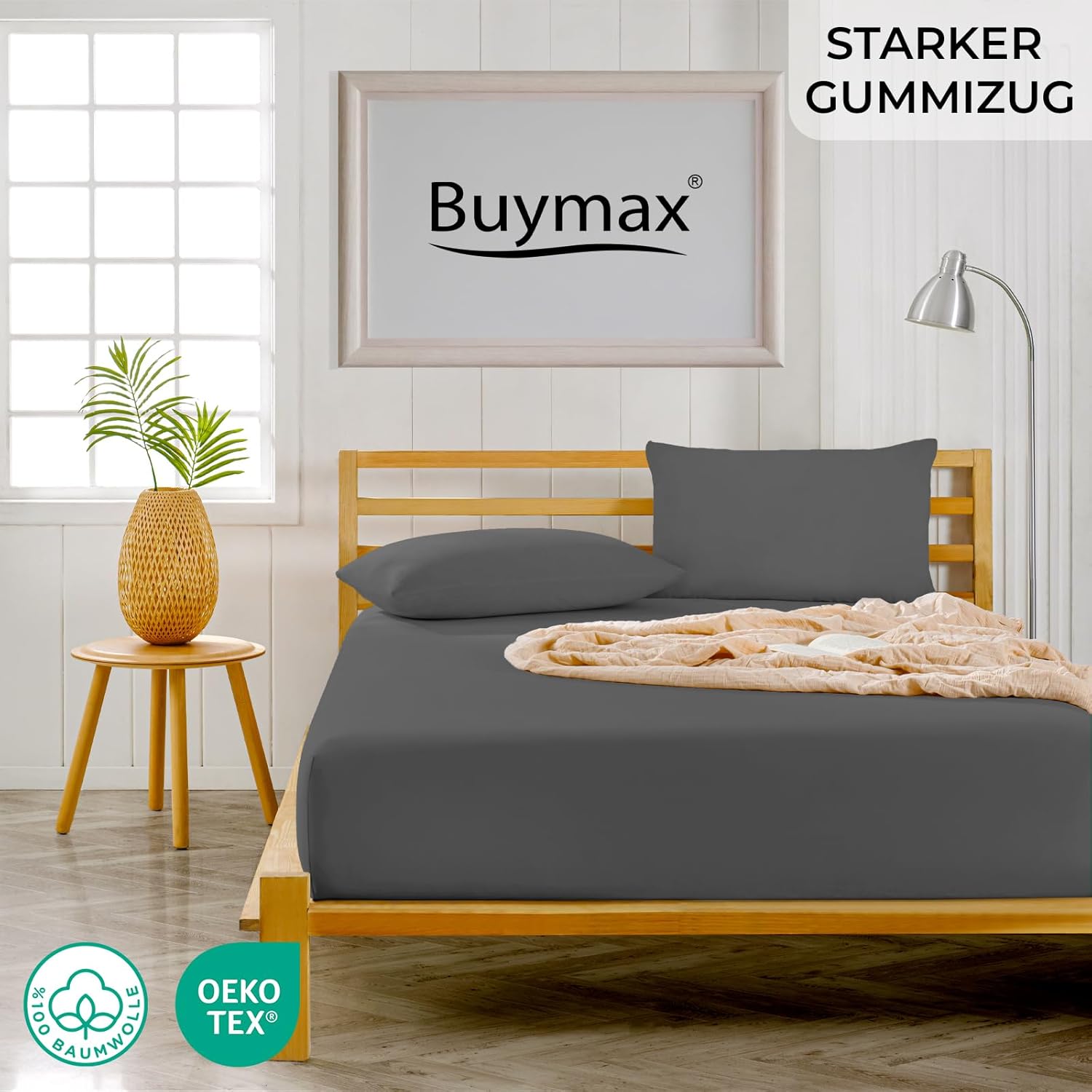 Thumbnail 1 de Buymax Spannbettlaken 140x200 cm – 100% Baumwolle Jersey, Anthrazit (ÖKO-TEX Standard 100)