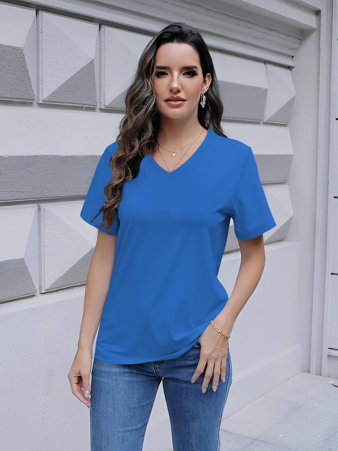 Detalle de Cuptacc Tee Shirt Femme Col V Manches Courtes Ample Léger – Décontracté et Polyvalent