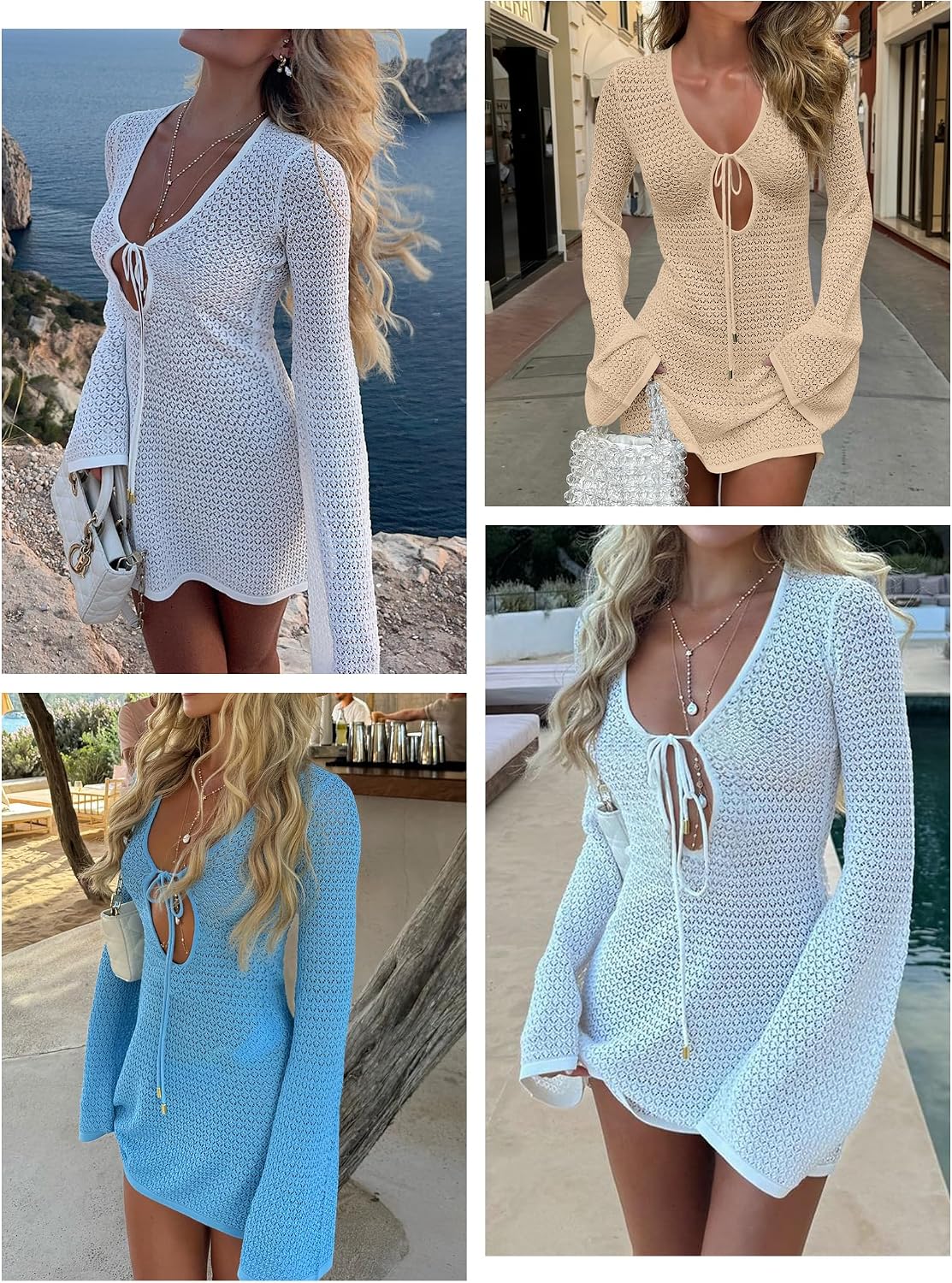 Detalle de ANRABESS Crochet Swimsuit Cover-Up Dress for Women (V-Neck Mesh Knit, Long Sleeves)