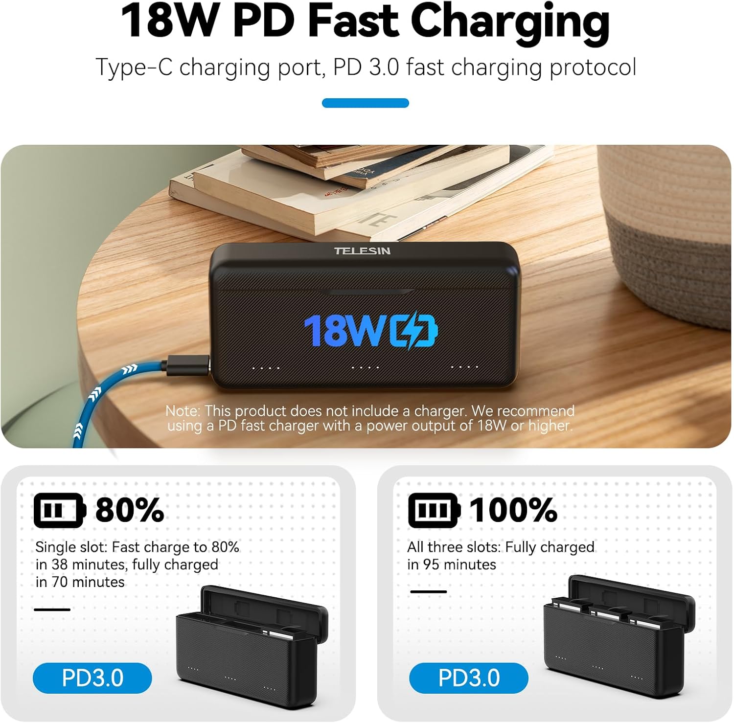 Thumbnail 3 de TELESIN Osmo Action 6 / 5 Pro Osmo 360 Akkuladegerät – USB-Schnellladehülle mit USB‑C-Kabel