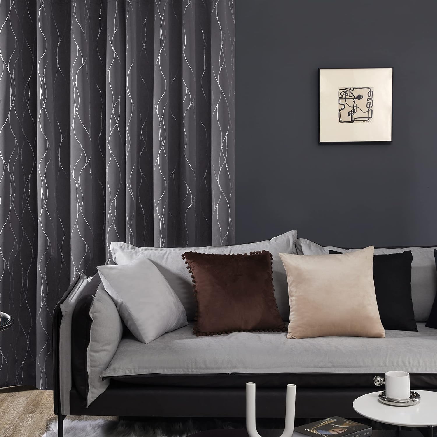 Thumbnail 2 de Deconovo lot de 2 rideaux à œillets thermique occultant motif point argenté, gris foncé 140 x 260 cm