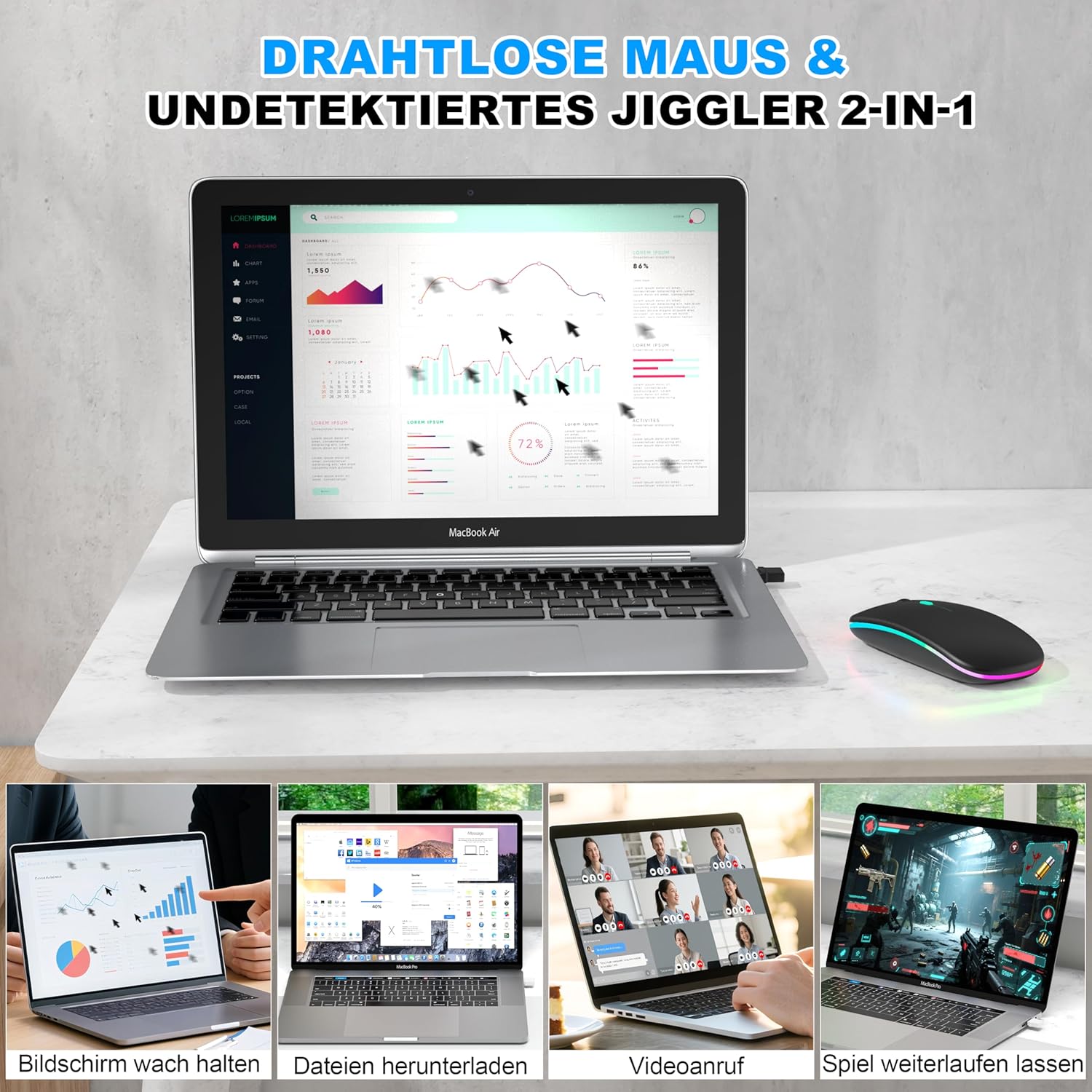 Thumbnail 1 de Azmall kabellose Maus mit Jiggler-Modus – Bluetooth 5.2 & 2,4G Funk, 1600 DPI, Schwarz