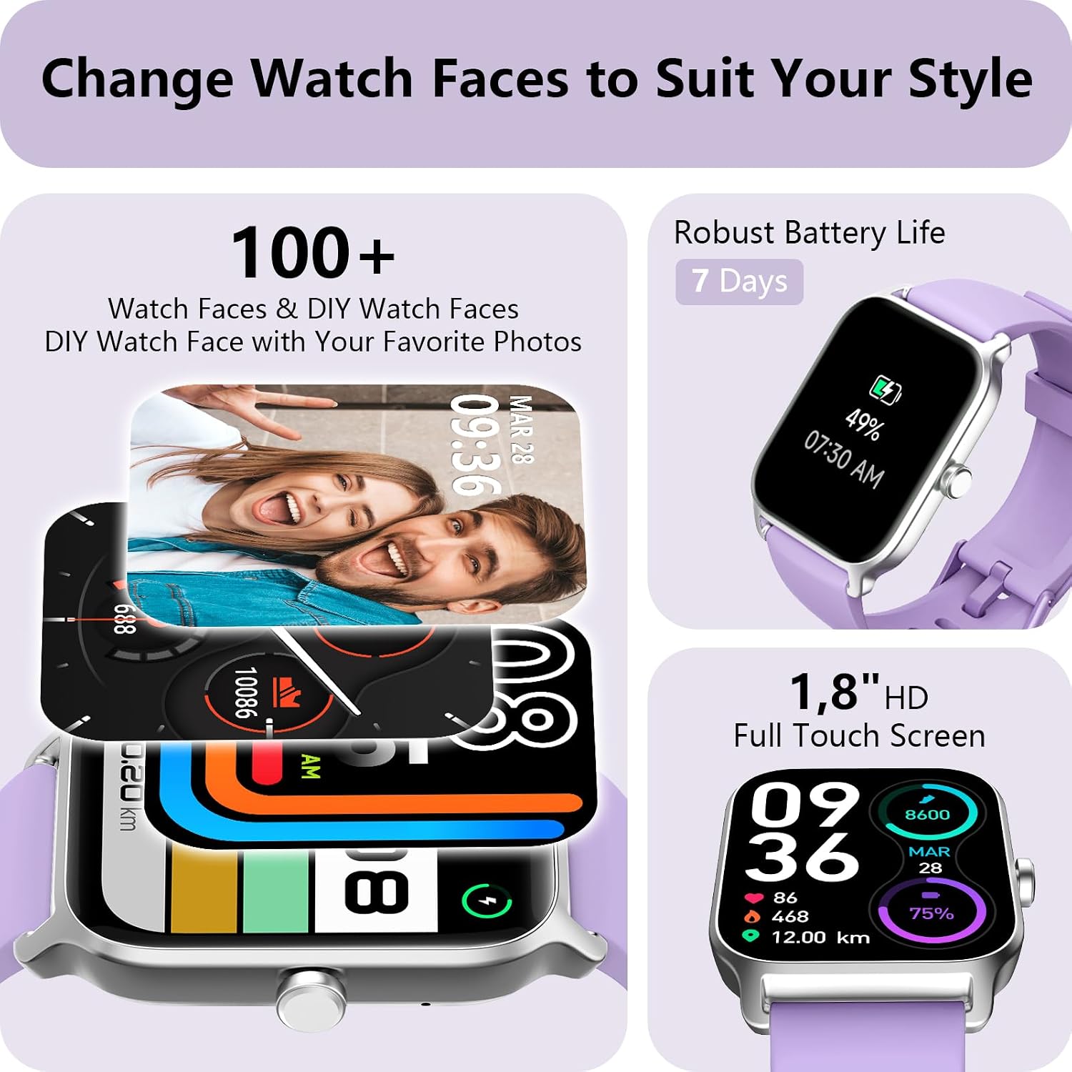 Detalle de Smart Watch for Men & Women (Alexa Built-in, Bluetooth Calling, 1.8" HD) with Heart Rate, SpO2 & Sleep, IP68 – Purple
