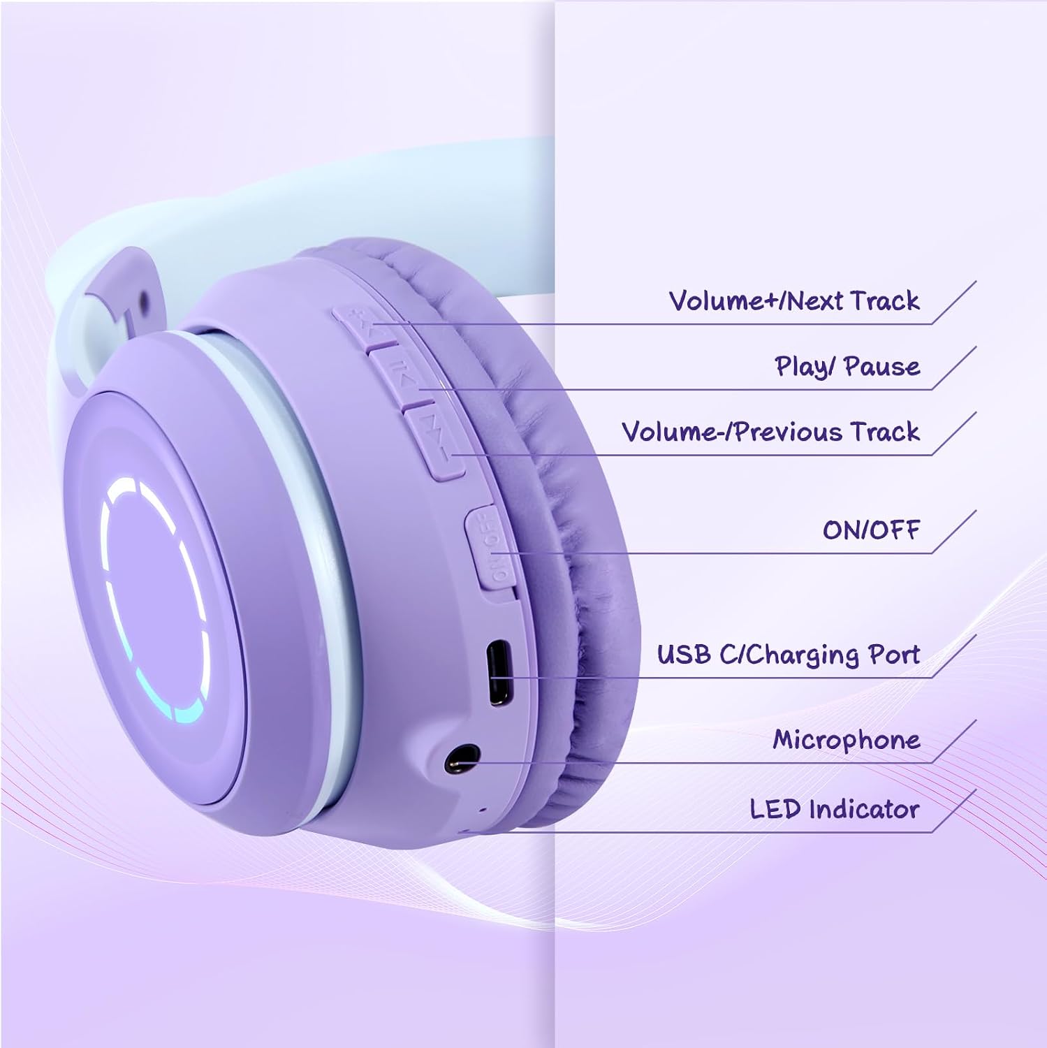 Detalle de Sendowtek Casque sans Fil pour Enfant avec Microphone Intégré et LED RGB — Bluetooth 5.1 Violet