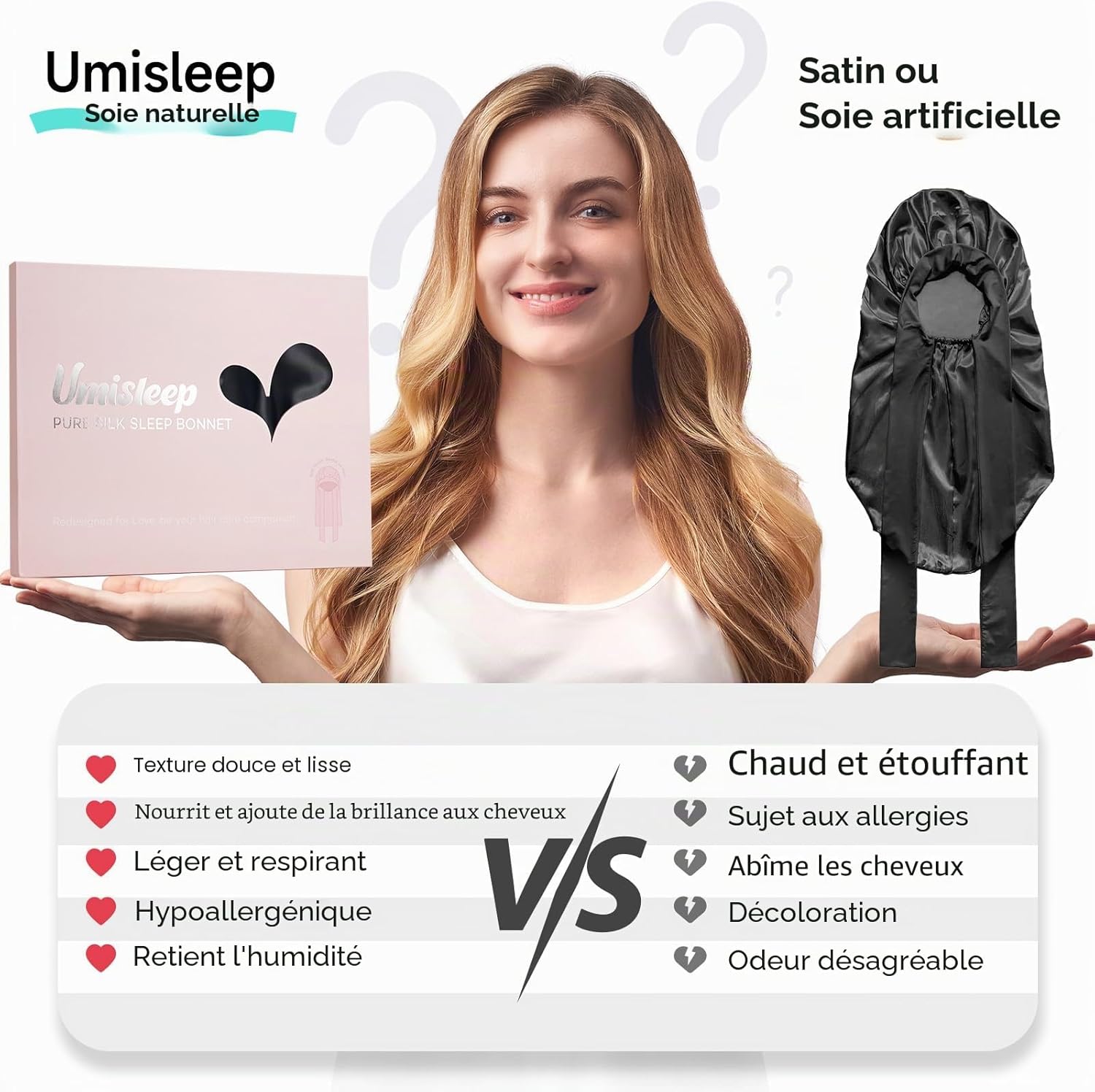 Detalle de Umisleep Bonnet de Nuit 22 Momme en Soie de Mûrier – Double Face, Large, pour Cheveux Volumineux