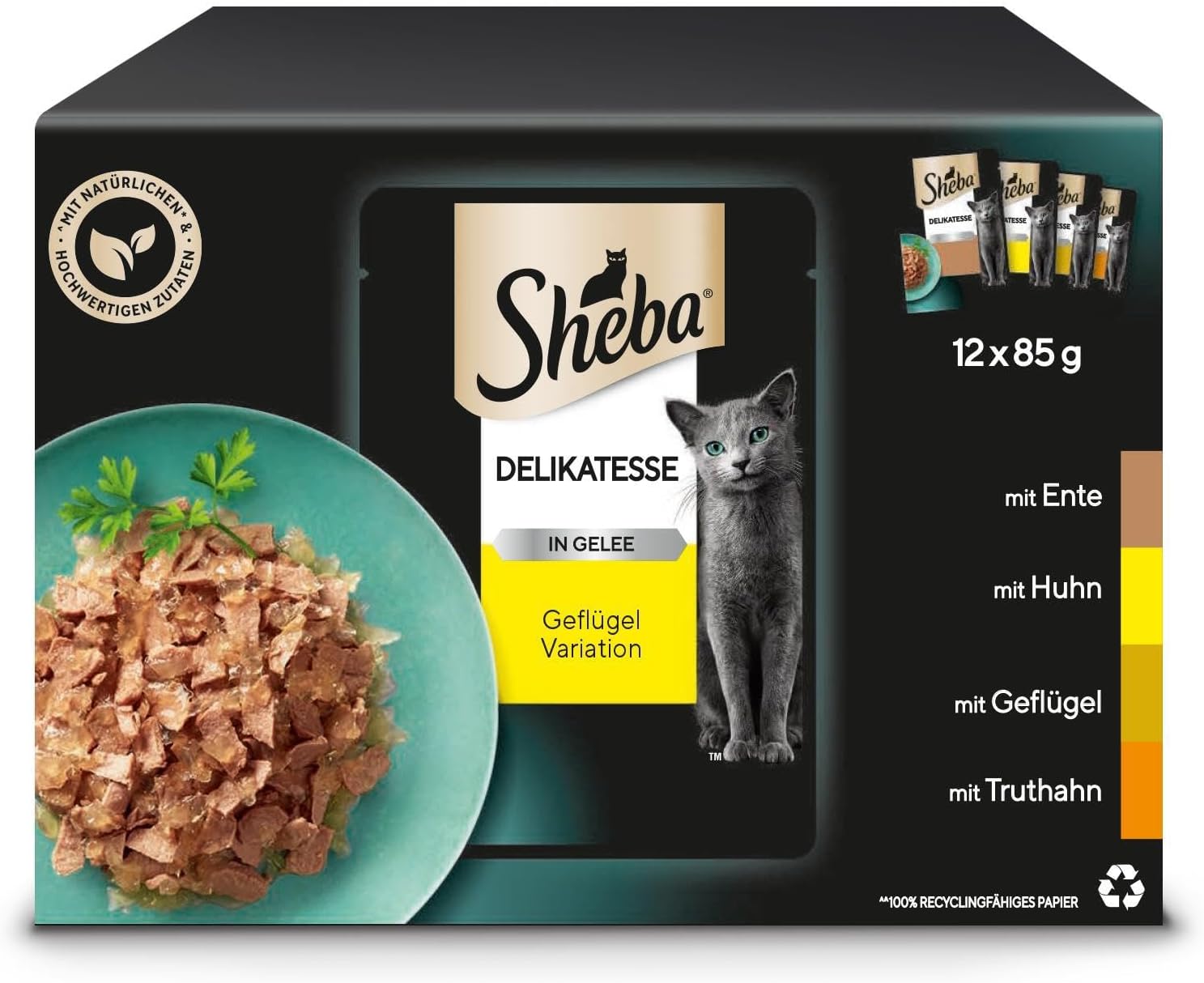 Detalle 2 de SHEBA Katzenfutter nass Geflügel Variation in Gelee – Großpackung 72 x 85 g (4 Sorten)