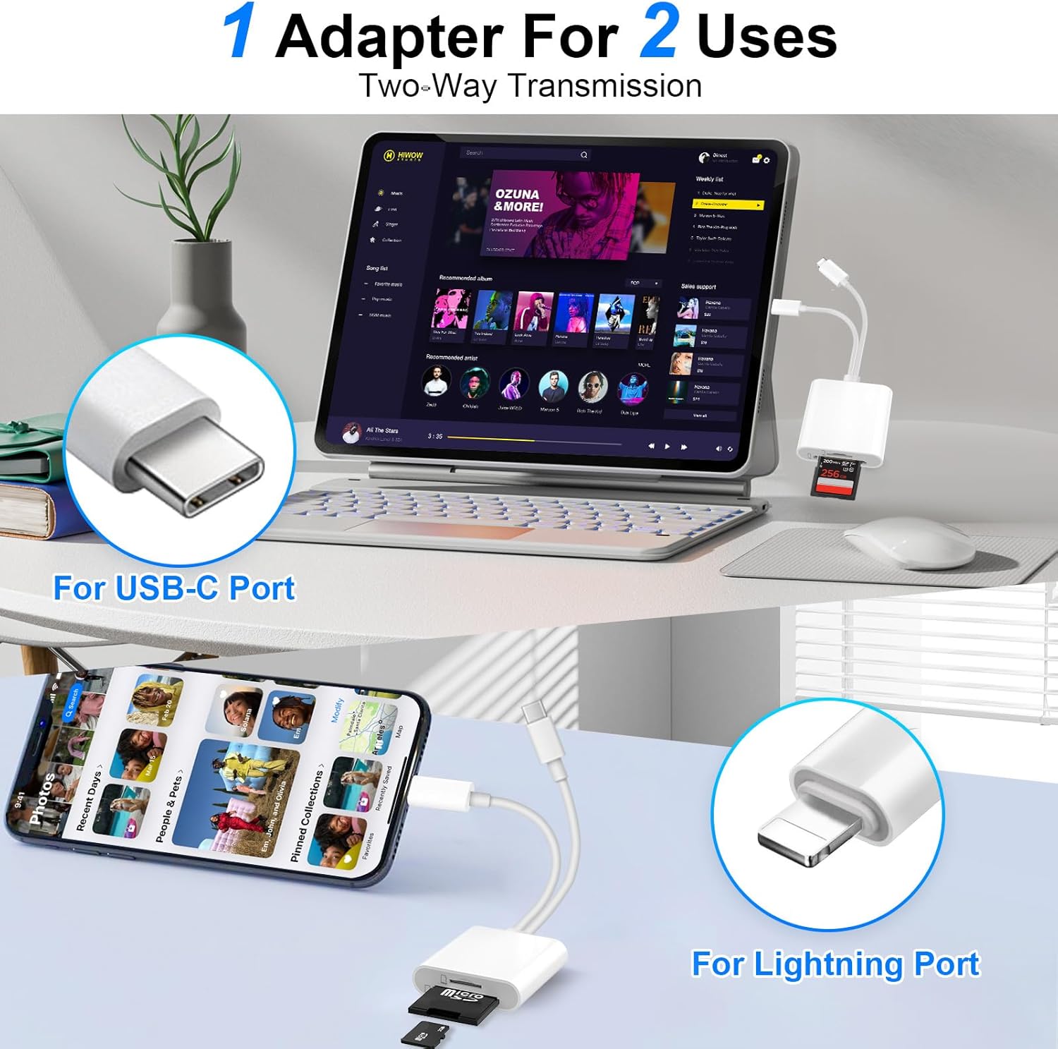 Thumbnail 3 de Denlane Dual Connector Dual Slot MicroSD/SD Card Reader for iPhone iPad (Lightning & USB-C)