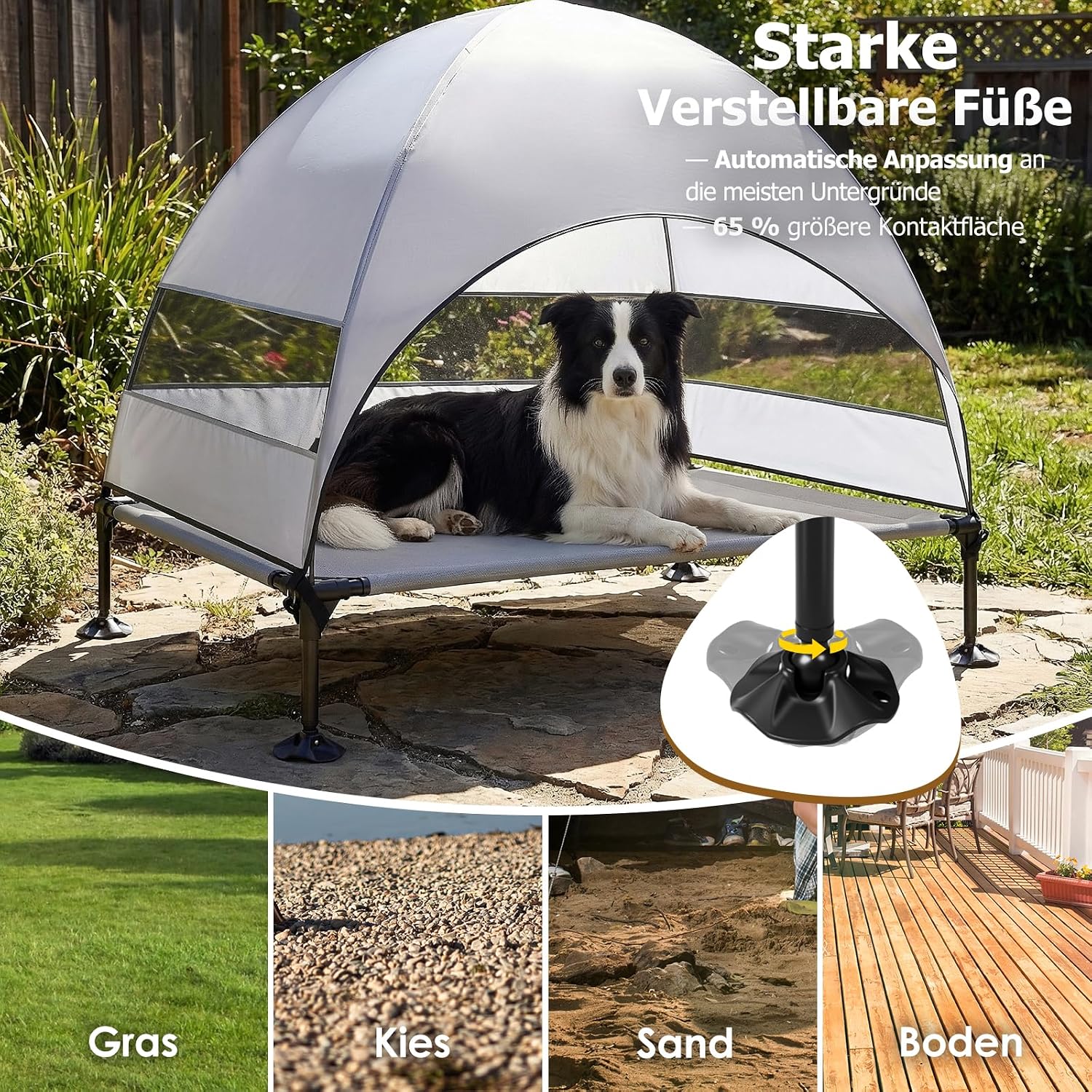 Thumbnail 1 de Erhöhtes Hundebett Outdoor mit UV-beständigem Dach – Klappbar, Anti‑Rutsch‑Füße, Hundezelt Grau (L)