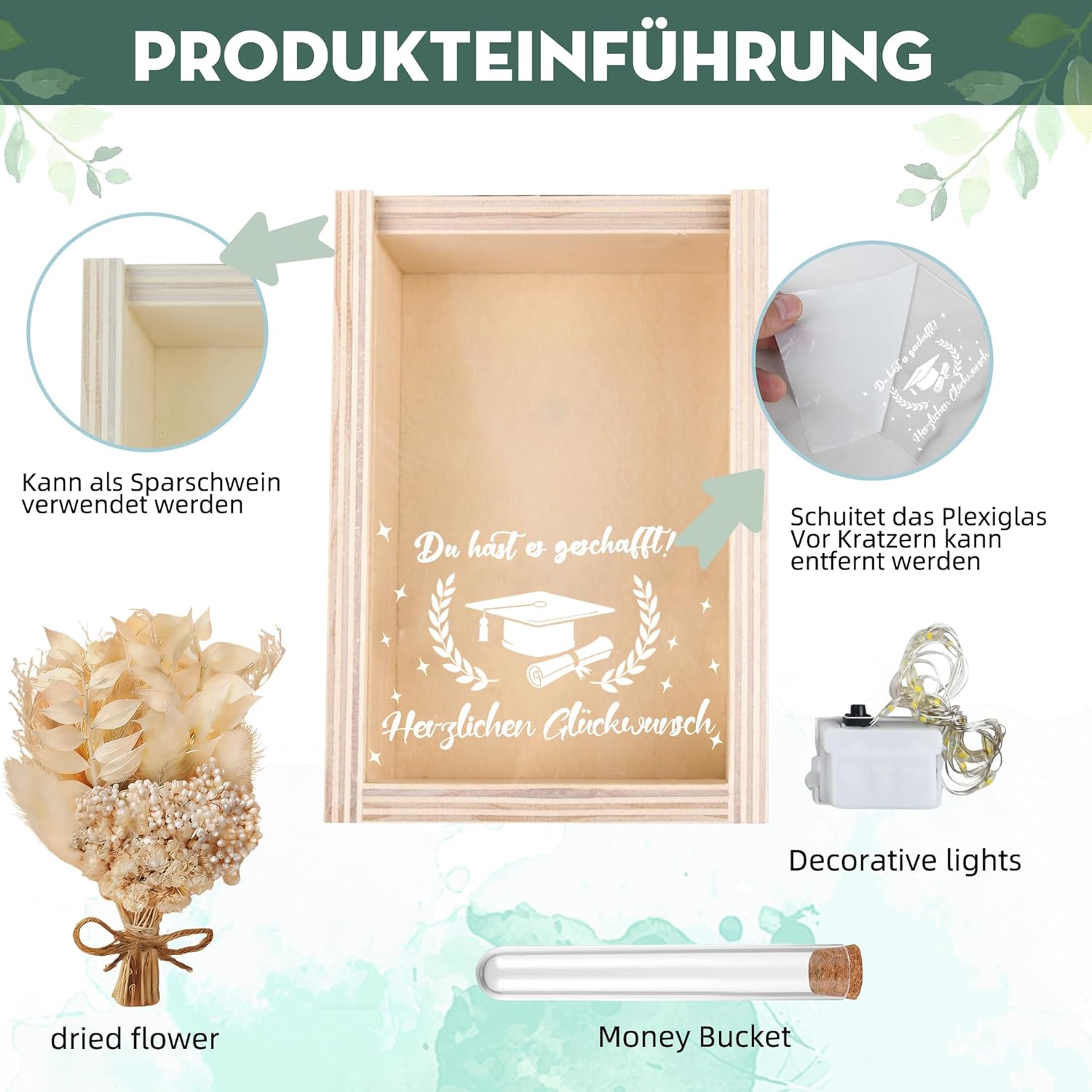 Thumbnail 1 de Abitur-/Bachelor-Abschluss Geldgeschenke-Verpackung in Holzbox mit LED-Licht