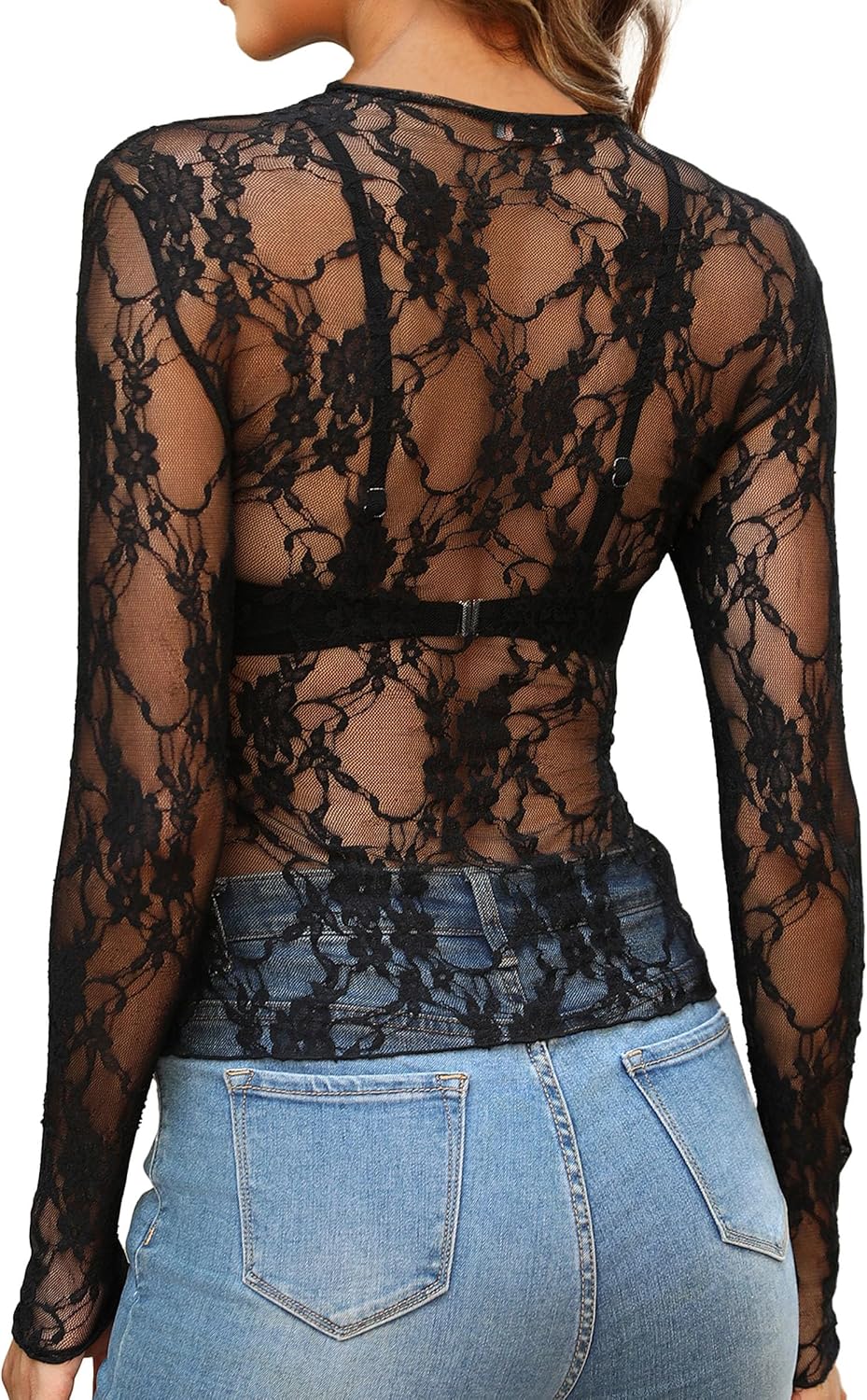 Detalle 1 de OFEEFAN Women's Floral Lace Mesh Top, Long Sleeve Sheer Crewneck