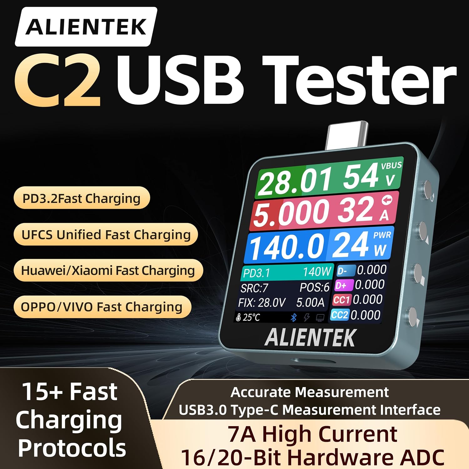 Detalle 2 de ALIENTEK C2 Lite USB-Cテスター 48V・12A対応、Type-C PD電圧・電流測定