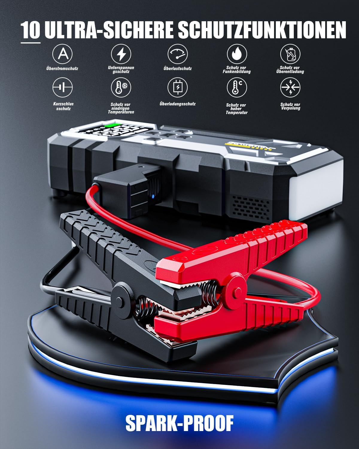 Detalle de 7000A Starthilfe Powerbank mit Kompressor: 4-in-1 Begleiter für Auto, Bike und mehr