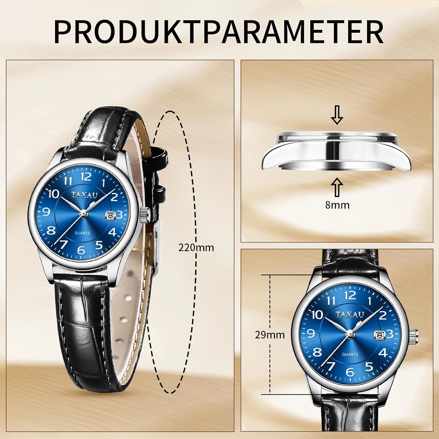 Thumbnail 3 de Taxau Damenuhr mit analogem Quarzwerk, Lederarmband und Datumsanzeige