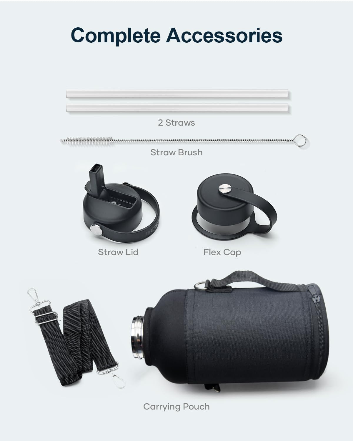 Detalle de Buzio 2L Stainless Steel Water Bottle with Straw Lid & Flex Cap (Black & Grey) – Double Wall Insulated