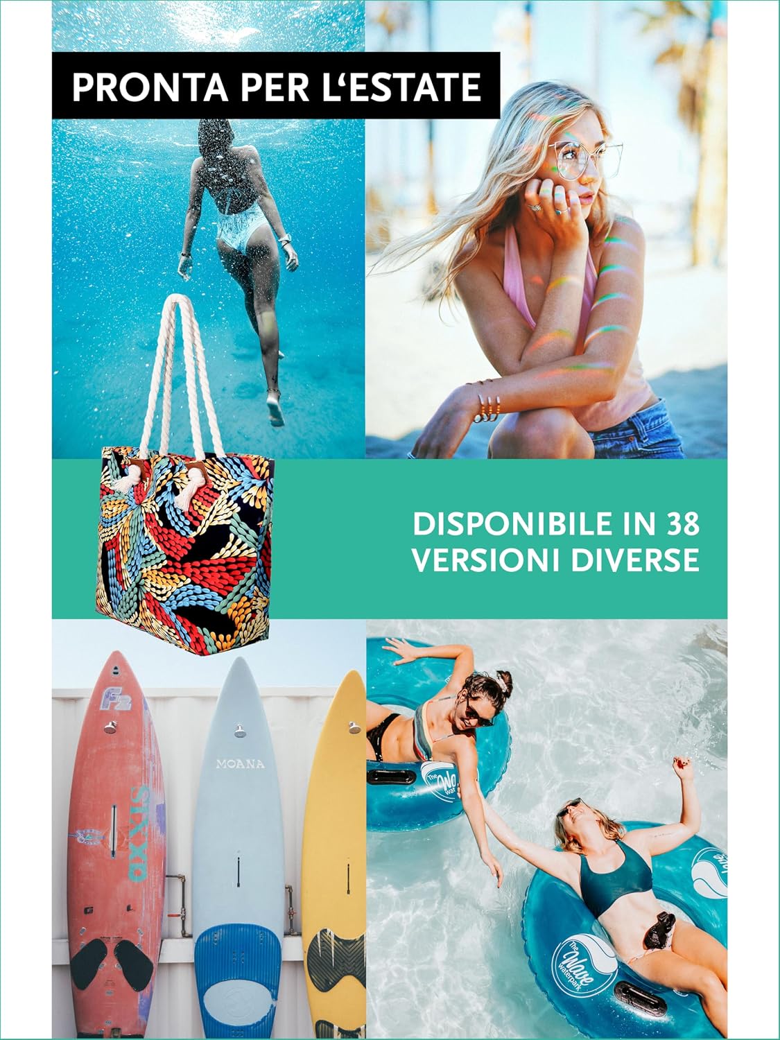 Detalle 2 de DonDon Grande borsa da spiaggia idrorepellente con cerniera – Shopper XXL