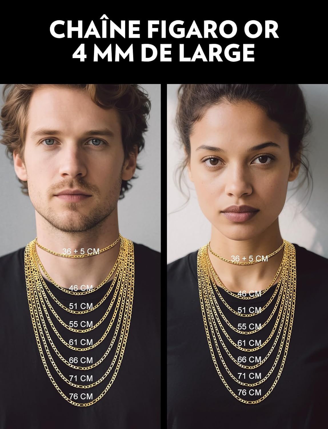 Detalle de Chaîne Figaro Bandmax acier inoxydable 316L & plaqué or 18 carats, mailles alternées 4/6/9 mm (collier homme femme)