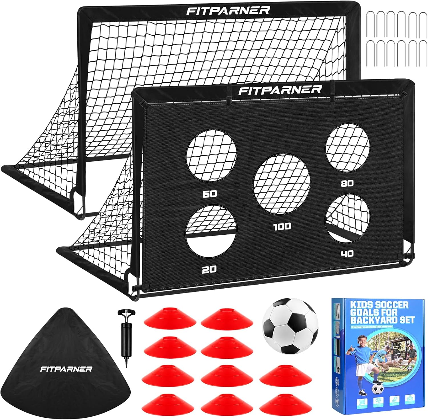 Detalle de FITPARNER 2-Pack Backyard Soccer Goals (4x3 ft / 6x4 ft) – Portable Toddler Training Set with Target, Ball, Cones