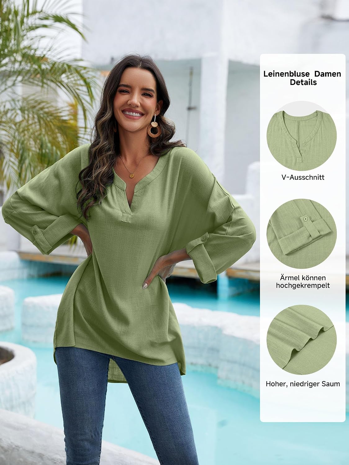 Detalle de Leinenbluse Damen Musselin: Sommer-Tunika mit V-Ausschnitt (60% Leinen + 40% Rayon)