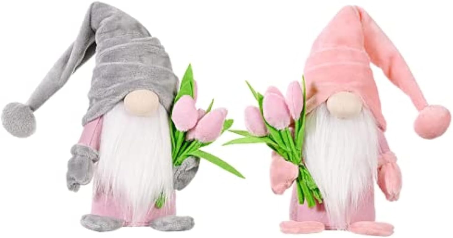 Detalle de Super Idee Stehende Niedliche Wichtel mit Tulpen – Zweier-Set, Rosa/Grau, 37 × 8 × 6 cm