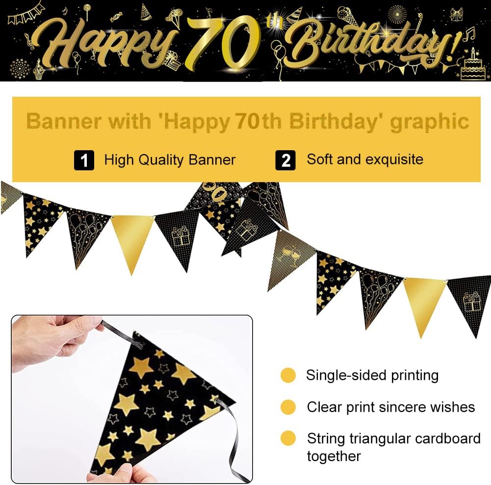 Detalle 2 de 14-Piece 70th Happy Birthday Decorations Kit with 9ft Banner, Triangle Flags, Confetti Balloons