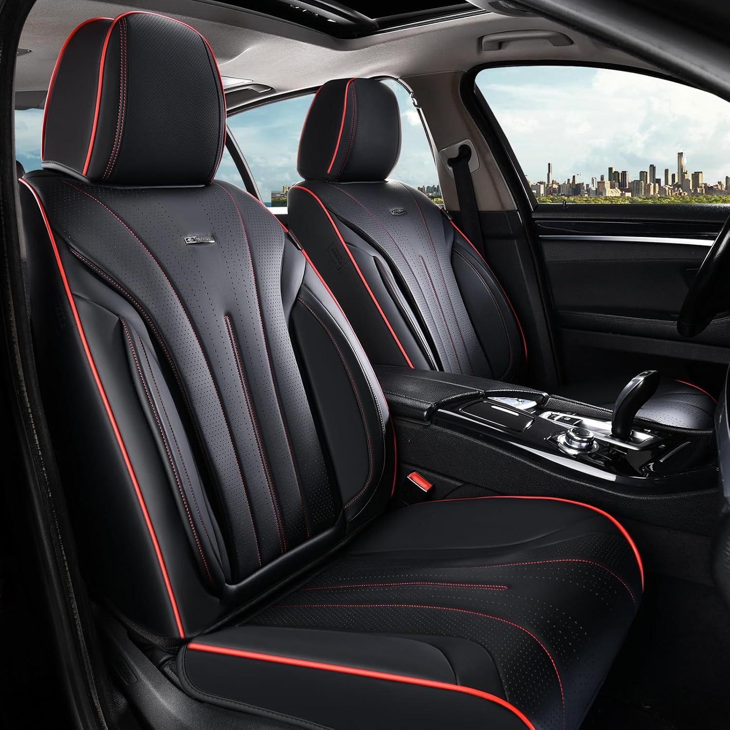 Detalle de Coverado Front Seat Covers (Nappa Leather Look) — Waterproof Universal 2-Pack for Most Cars, Black & Red Line