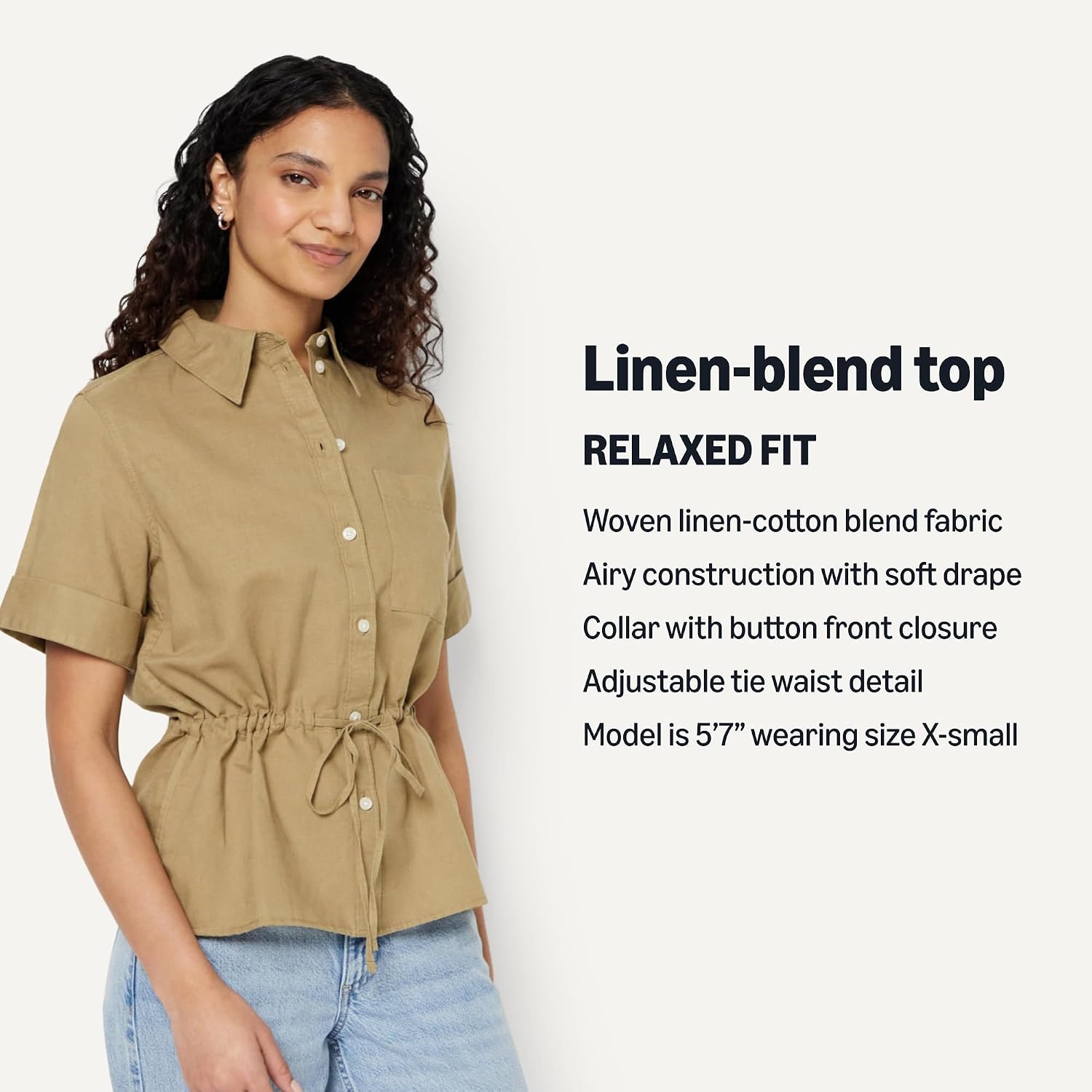 Detalle de Amazon Essentials Women's Relaxed-Fit Linen Blend Wide-Sleeve Shirt with Adjustable Waist