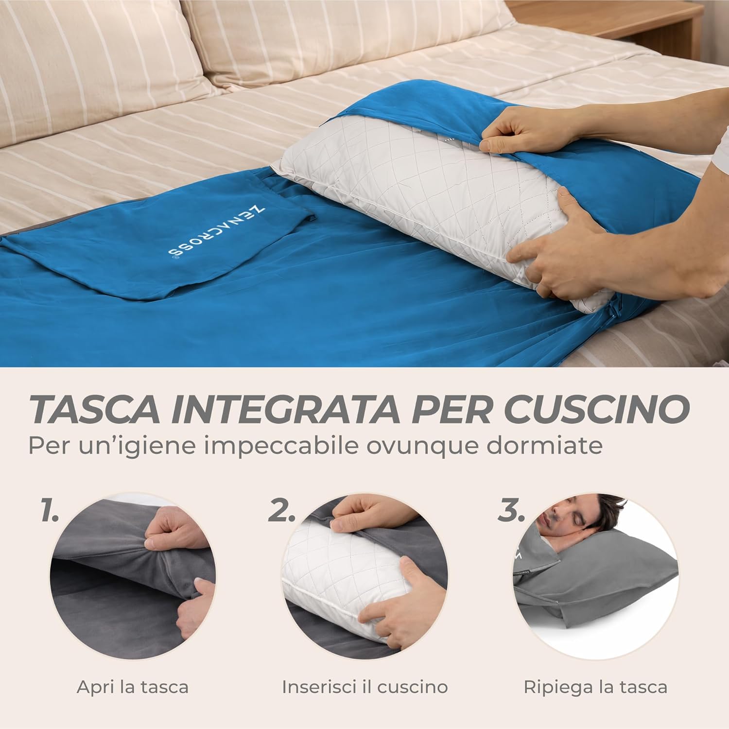 Detalle de Zenacross Sacco a Pelo Interno Ultraleggero in Microfibra: sacco lenzuolo da viaggio 180x220 cm