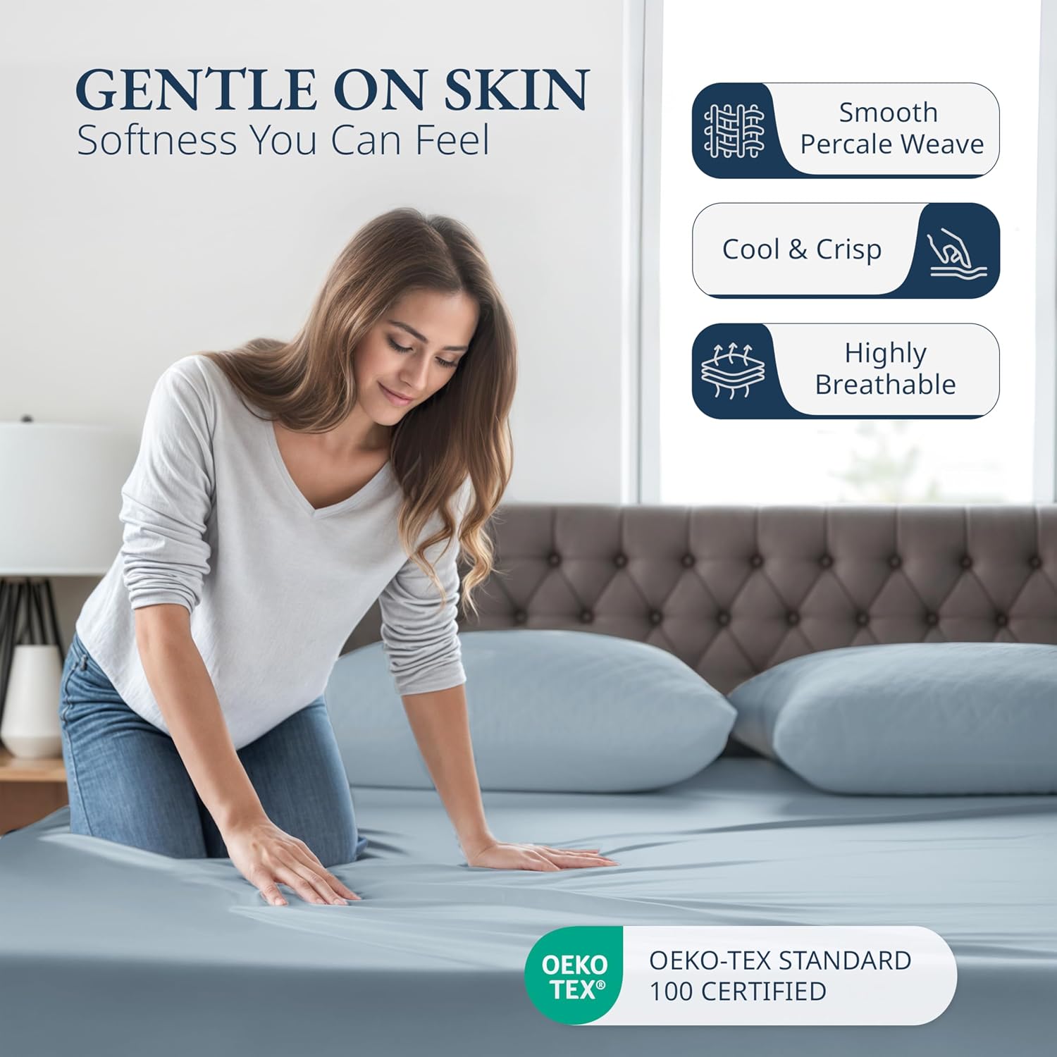 Thumbnail 2 de Lane Linen 100% Organic Cotton Fitted Sheet Double – with 2 Pillowcases, French Blue