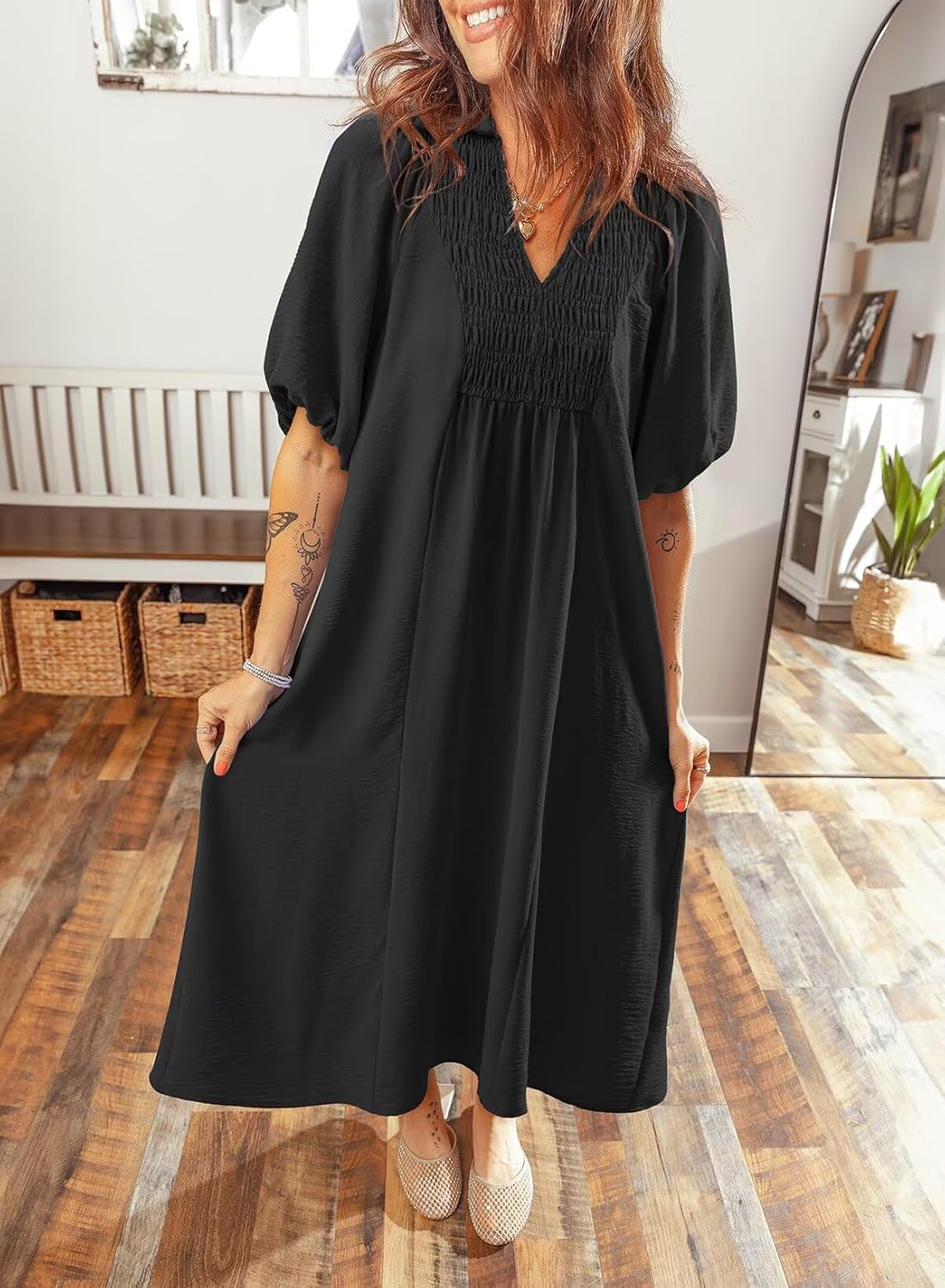 Detalle de Dokotoo 2026 Summer Dress: V-Neck, Puff Sleeve Maxi with Pockets