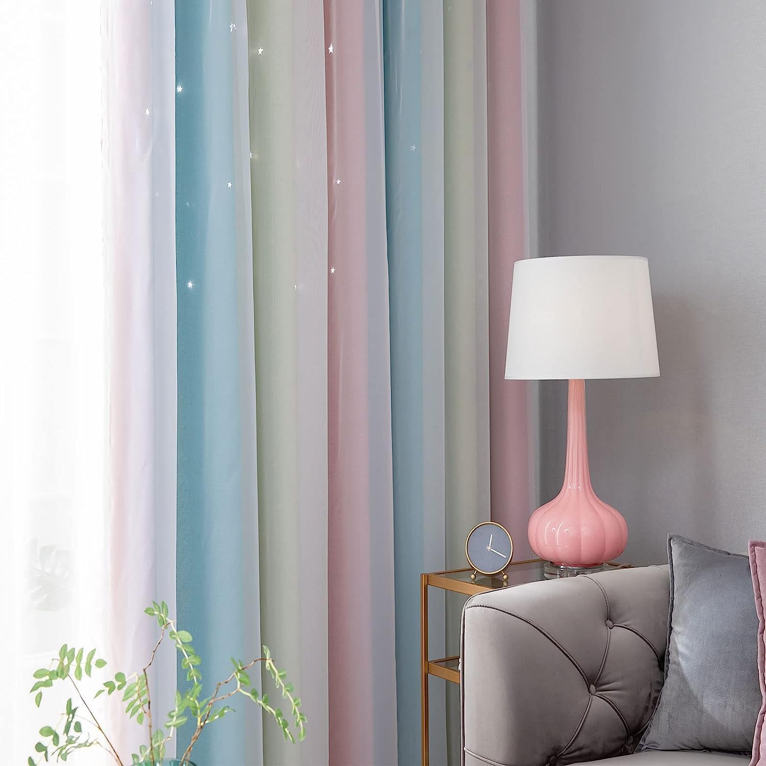 Thumbnail 2 de KAHEAUM Blackout Curtains for Bedroom & Living Room (2 Panels) – White Voile Net Thermal Blackout Curtains in Pink & Green
