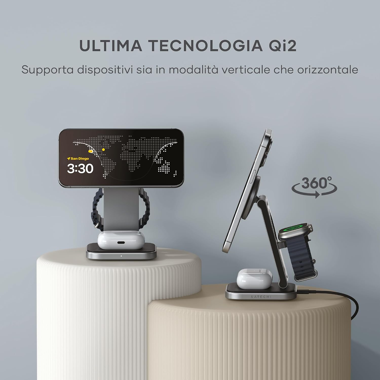 Detalle de SATECHI OntheGo™ Caricatore Wireless Pieghevole 3 in 1 (Stazione di Ricarica Magnetica 15W) certificata Qi2