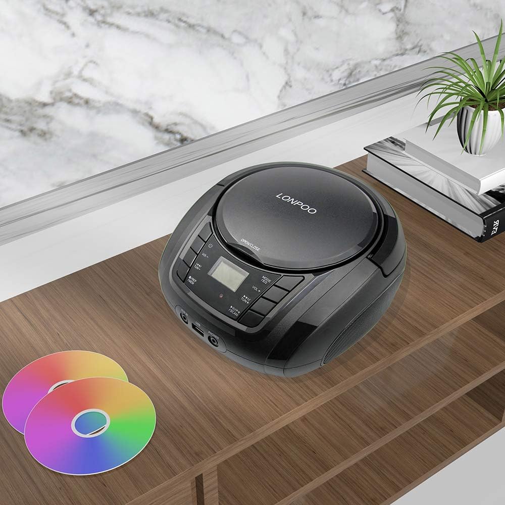 Detalle de LONPOO Lettore CD Portatile con Bluetooth, radio FM e USB (nero)
