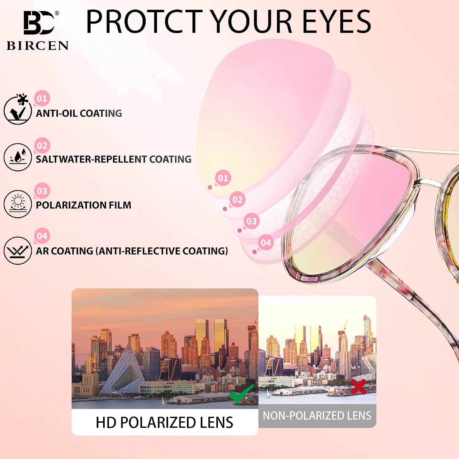 Detalle de Bircen BC2001 Polarized Retro Mirrored Sunglasses for Women with Acetate Frame