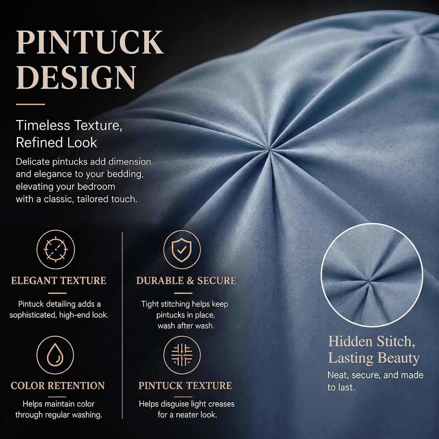Detalle de CozyLux CLUS24G20L8FU Full Comforter Set, 7-Piece Dusty Blue Pintuck Bedding