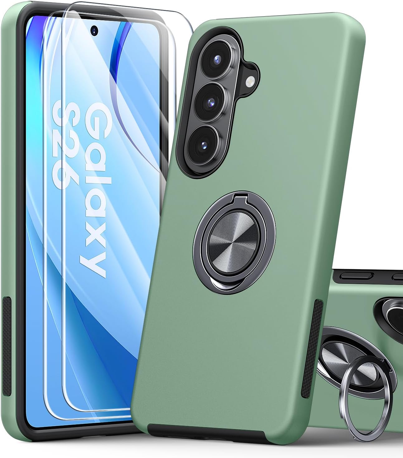Detalle de AOUIA for Samsung Galaxy S26 Case (Green) with 2-Pack Screen Protectors and 360° Rotating Ring Stand
