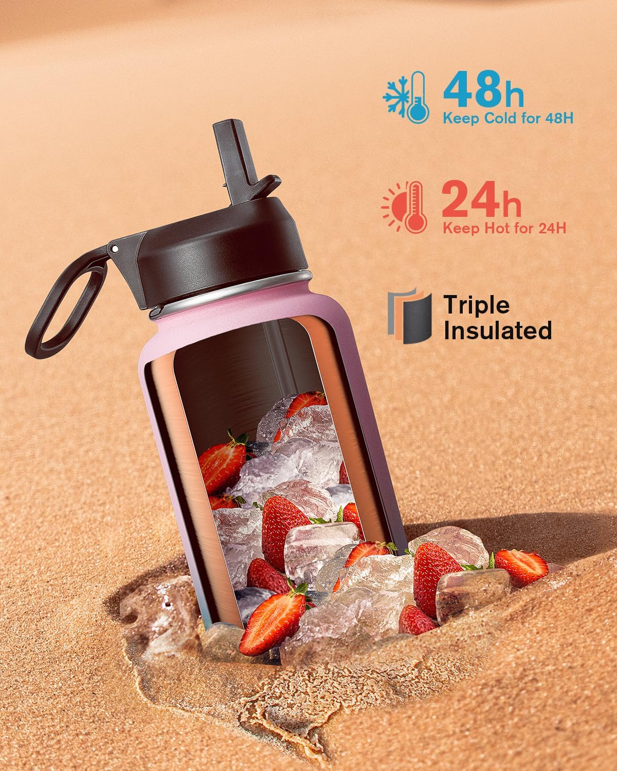 Detalle 2 de Coolflask 1180 ml : bouteille isotherme en métal avec paille et 3 couvercles (bubble gum)