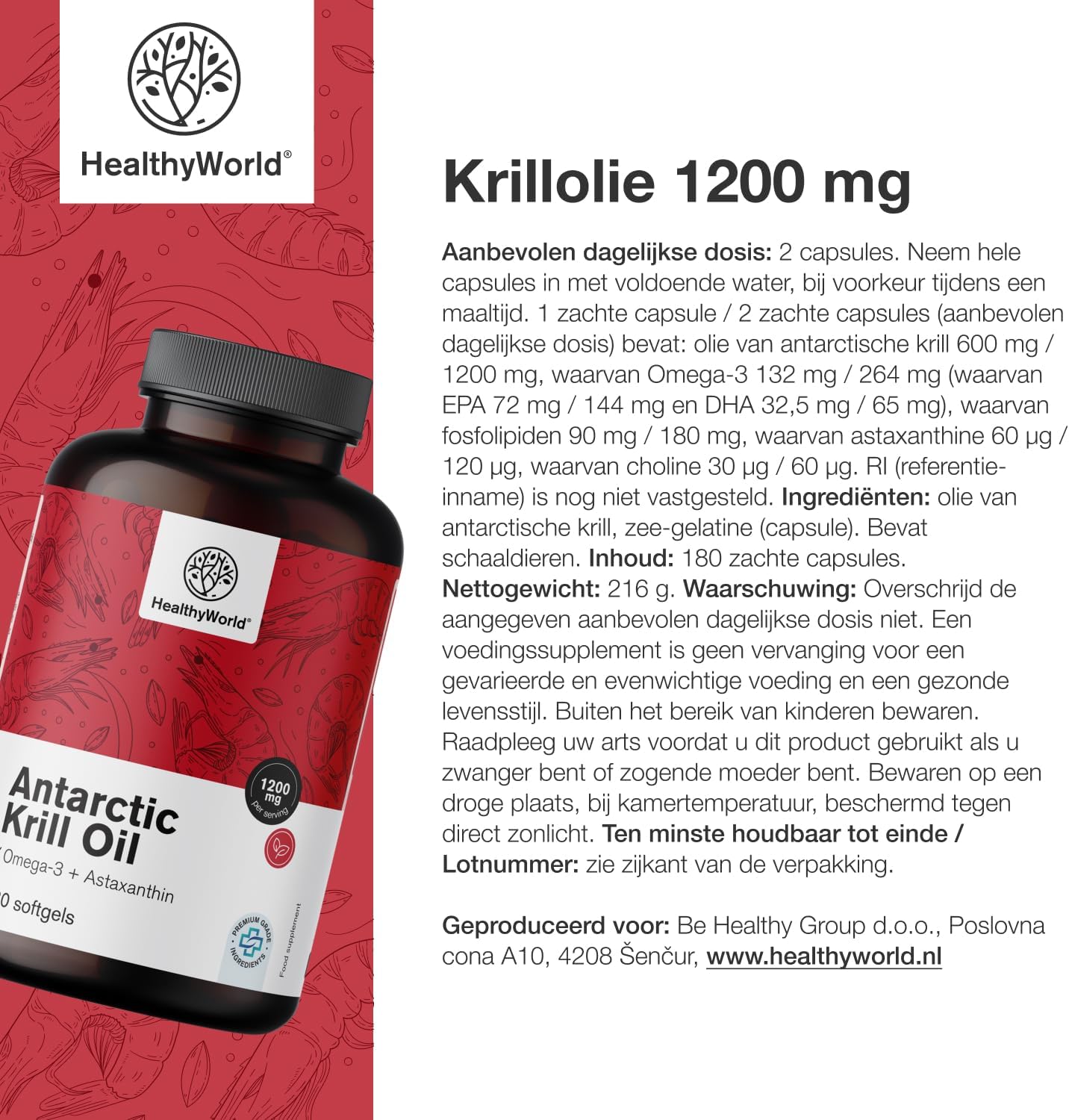 Thumbnail 6 de HealthyWorld Krillolie 1200 mg met omega 3, astaxanthine en 180 capsules