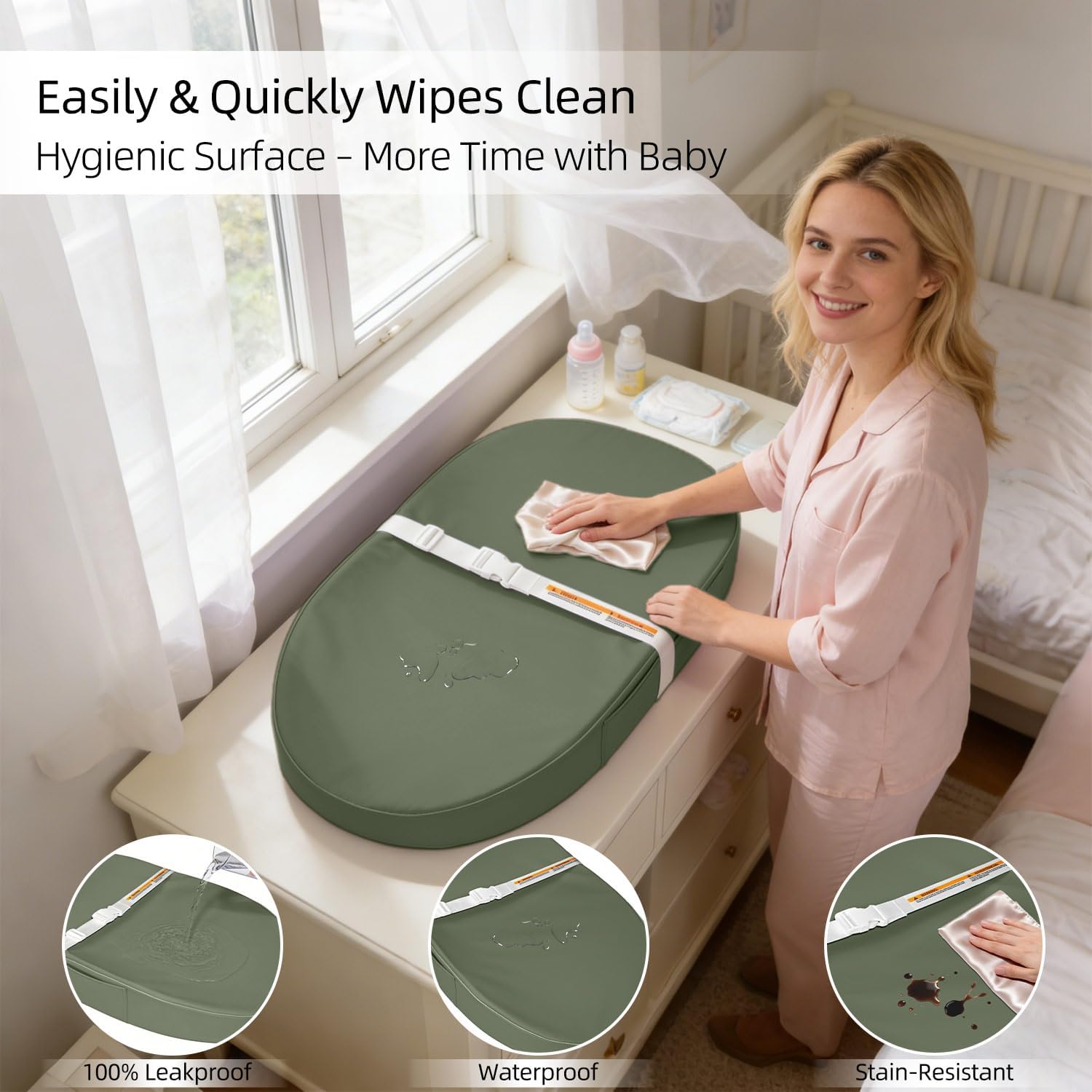 Thumbnail 1 de JVEOO Waterproof Vegan Leather Baby Changing Pad, Dark Green, Wipeable with Safety Strap