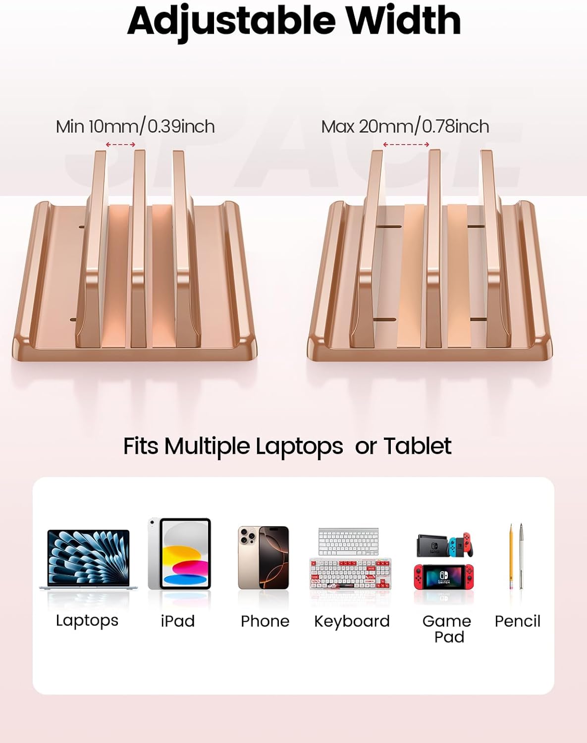 Detalle de VAYDEER Vertikaler Laptop Ständer 4in1 – Roségold, platzsparend, flexibel