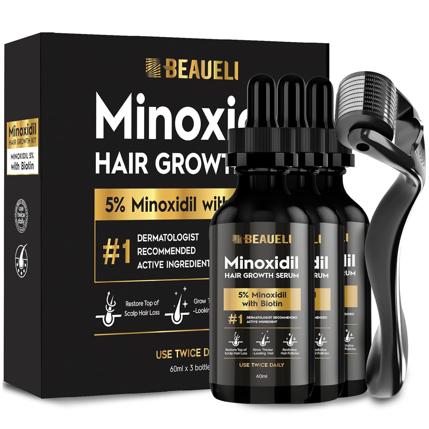 Beaueli Minoxidil Beard Growth Kit for Men and Women (3 x 60 mL)
