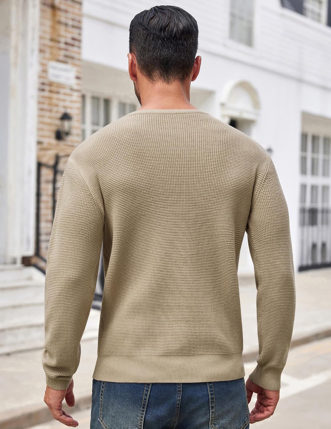 Detalle de COOFANDY Pull Homme à Col Rond — tricot gaufré, hiver élégant et polyvalent