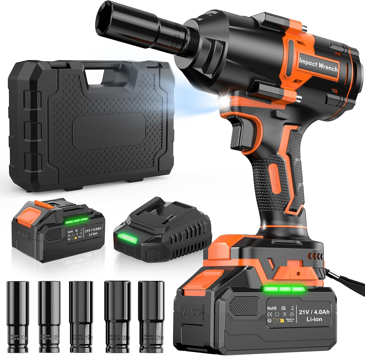 Detalle de AKZWOXRO Cordless Impact Wrench 1/2" Brushless Power Impact Gun (21V) with Battery, Fast Charger & 5 Sockets