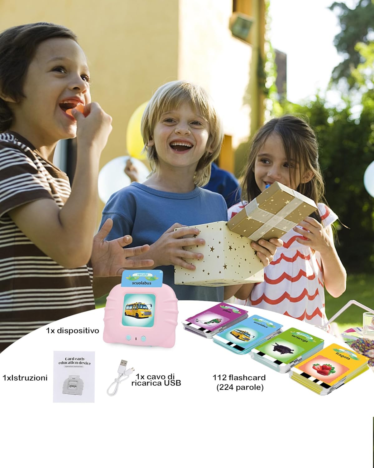 Detalle 2 de Schede flash parlanti rosa 112 flashcard con 224 parole (giocattolo educativo per bambini 1-12 anni)