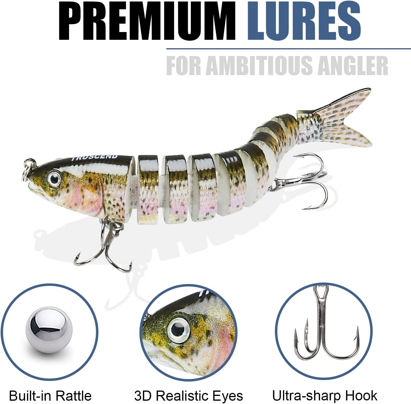 Thumbnail 4 de TRUSCEND Leurres swimbait réalistes à enfoncement lent (10 segments) pour eau douce & eau salée
