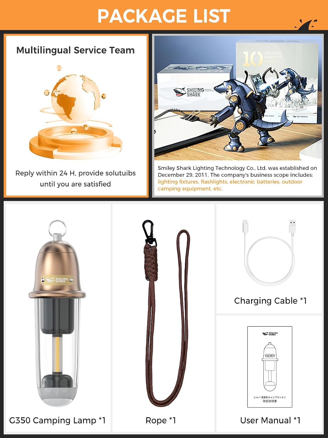 Thumbnail 6 de Smiling Shark G350 : lanterne de camping LED USB rechargeable IPX4, 3 modes et ambiance blanche/chaude